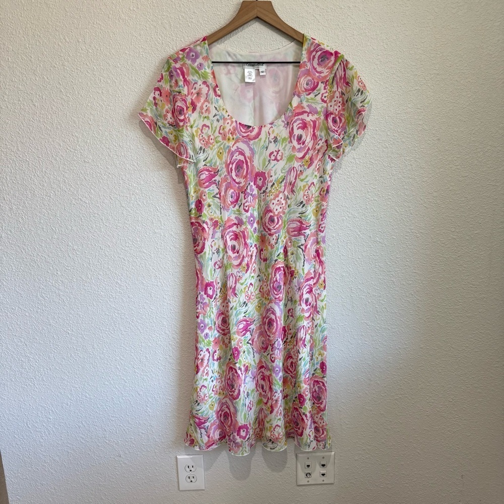 Coldwater Creek Womens 12 Y2K Silk Floral Pastel Midi Dress Flutter Sleeve Boho‎